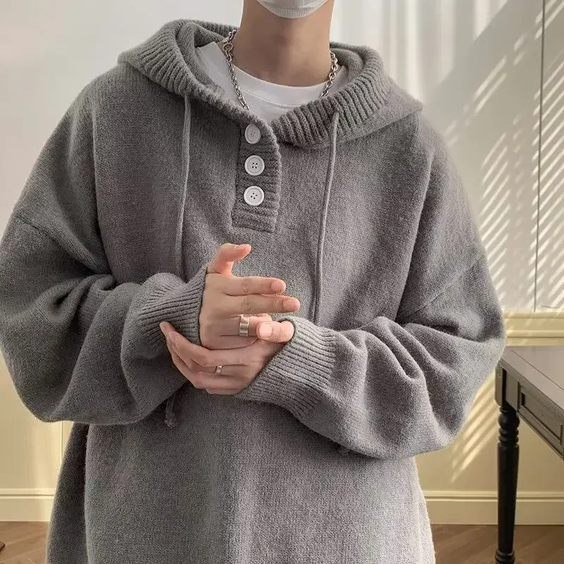 Hooded Sweater Men Autumn and Winter Japanese Vintage Lazy Style Coat Loose Oversize Wearing Hat Knit Sweater Heavy Duty Top