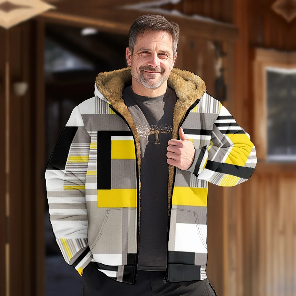 Abrigos de chaquetas de invierno para hombre, abrigo informal de algodón con patrón geométrico a cuadros amarillo y negro, elegante viaje coreano