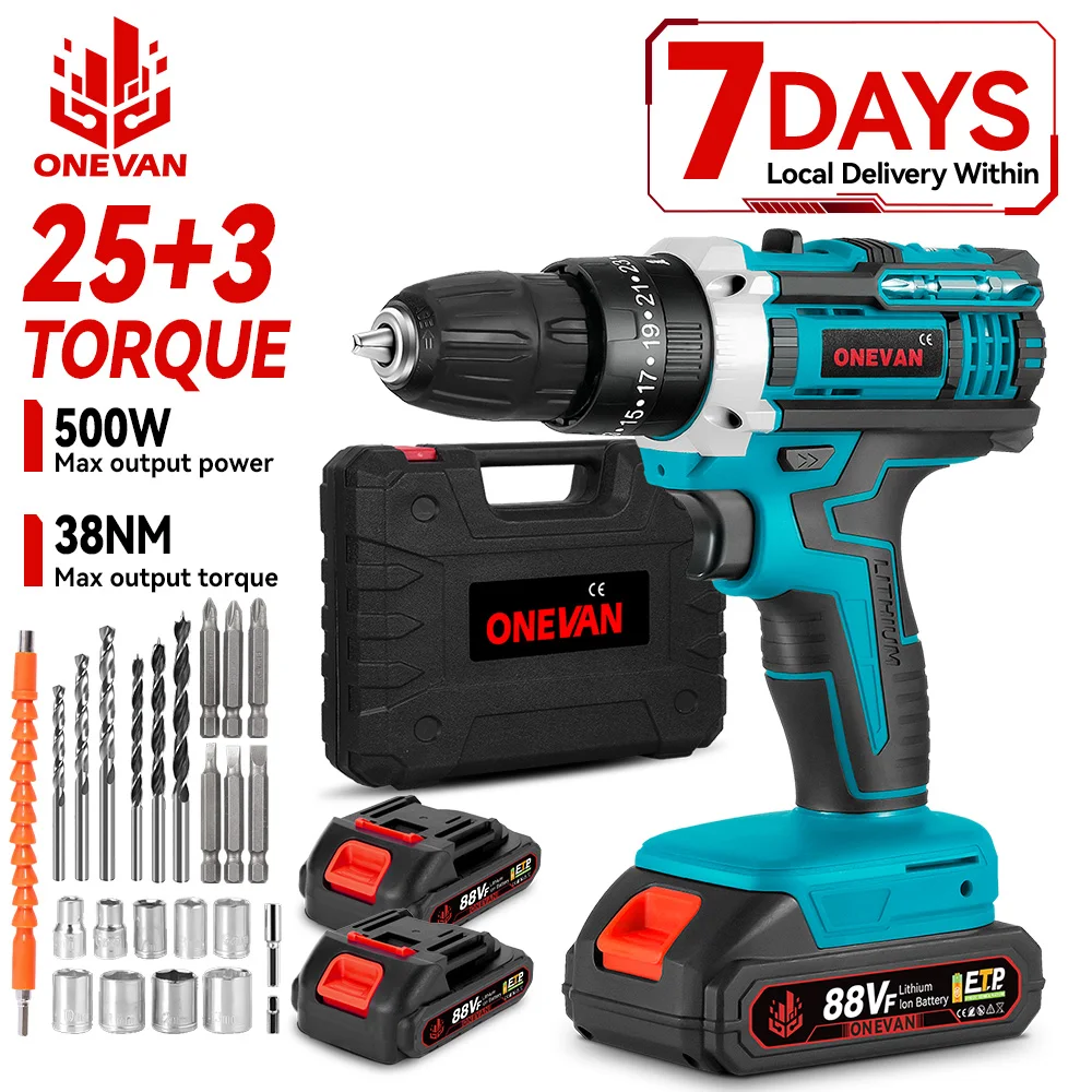 ONEVAN 25+3 Torque Electric Drill Portable Cordless Impact drill Furniture Wood Power Screwdriver Tools For Makita Battery Pin