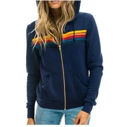 Autumn Unisex Women's Aviator Nation Long Sleeve Hooded Sweatshirts Casual Zipper 5 Stripe Rainbow Hoodies Jacket Coat