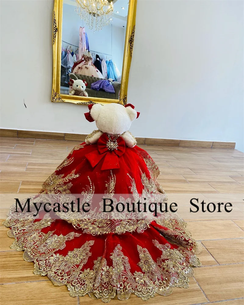 Red Lace Off Shoulder Sweetheart Personalized Quinceanera Teddy Bear Dress Gold Sequins Appliquesi Quinceanera Dress Customized