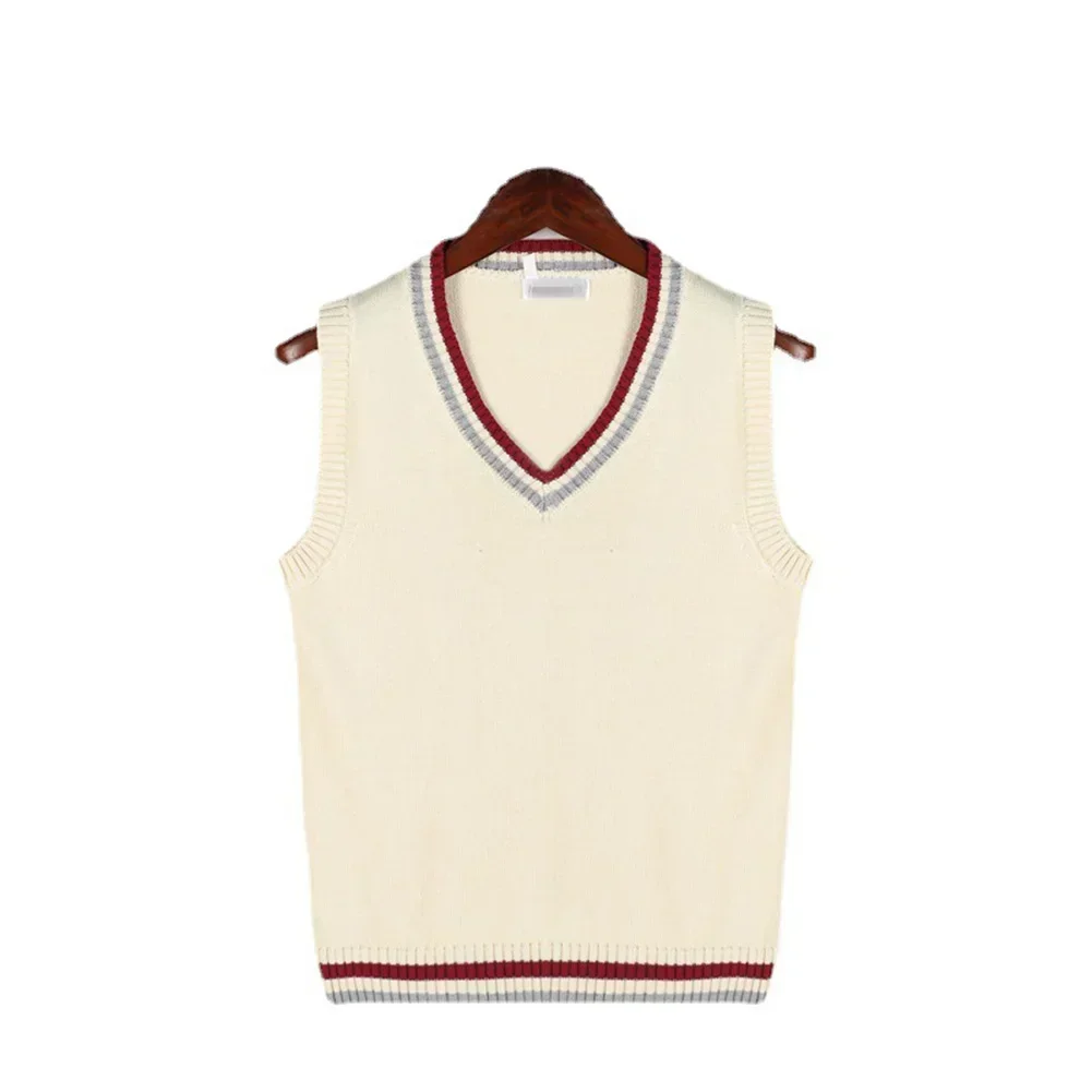 Mens Fashion Thick V Neck Sleeveless Vest Sweater School Uniform Knitting Tops Cotton Blend Beige Blue White Red Grey