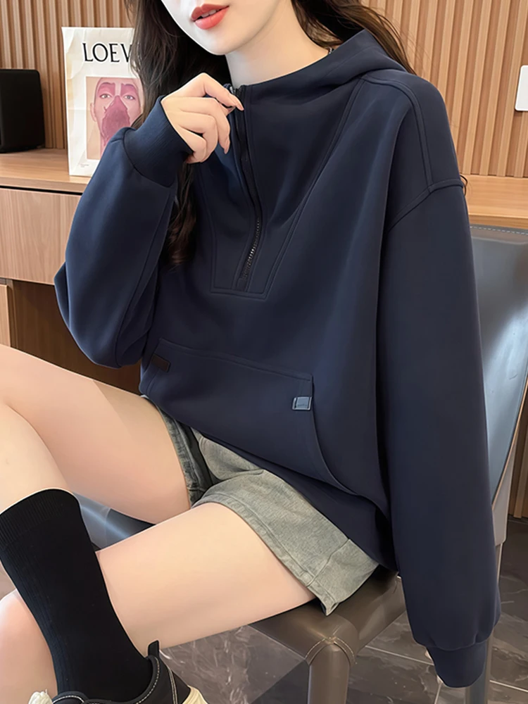 

Slimming Long Sleeve Hoodie Women's Spring Autumn Fashionable Casual Wear Polyester Cotton Blend round Neck Zipper Closure