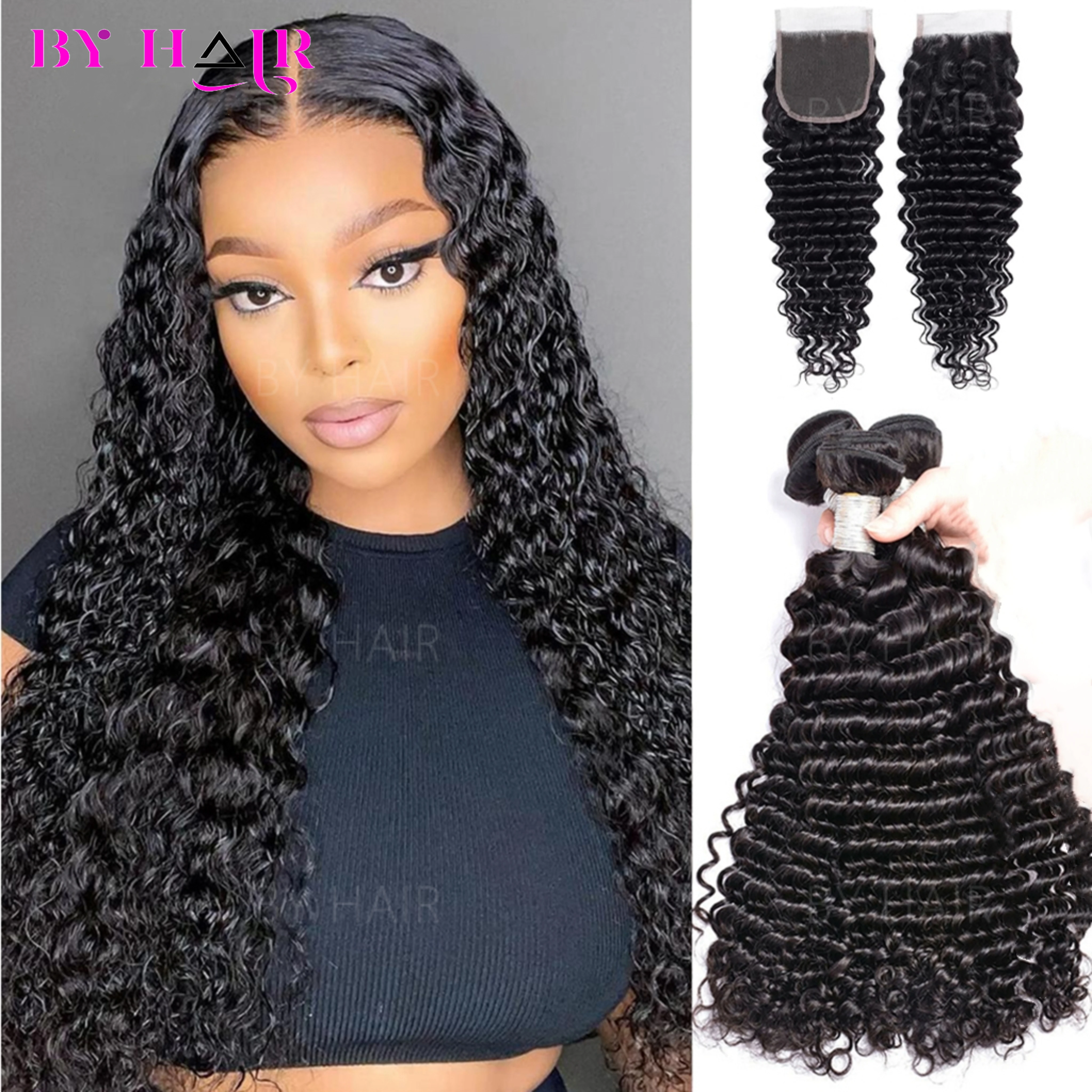 

12A Deep Wave Bundles With Closure 4x4 Lace Closure 100% Remy Human Hair Natural Colored Peruvian Hair 3 Bundles With Closure