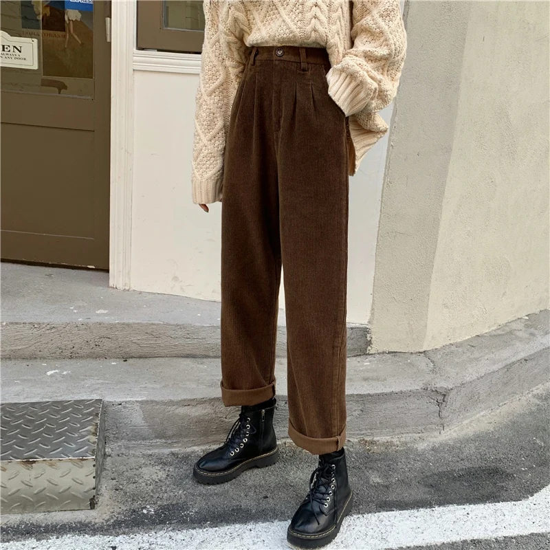 New  Women Spring Corduroy Pants High Waist Autumn Vintage Korean Wide Leg Pants Elegant Belt Loose Cotton Streetwear