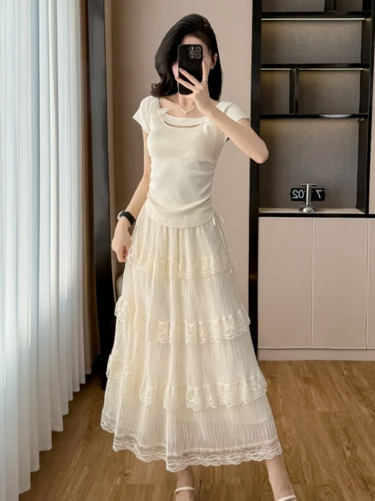 

2025 Summer Korean New Knitted Two Piece Set For Woman 3D Butterfly Pullover Top + Long Skirt 2 Piece Outfit Lady Summer Outfit