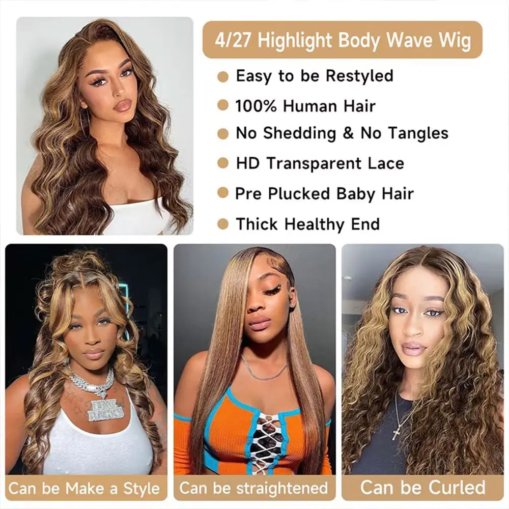 4/27 تسليط الضوء على الجسم موجة خصلات الشعر المستعار الإنسان 13X4 Hd الدانتيل الباروكة الأمامية البرازيلي الملونة 5x5 غلويليس شعر مستعار للنساء 200% الكثافة #4