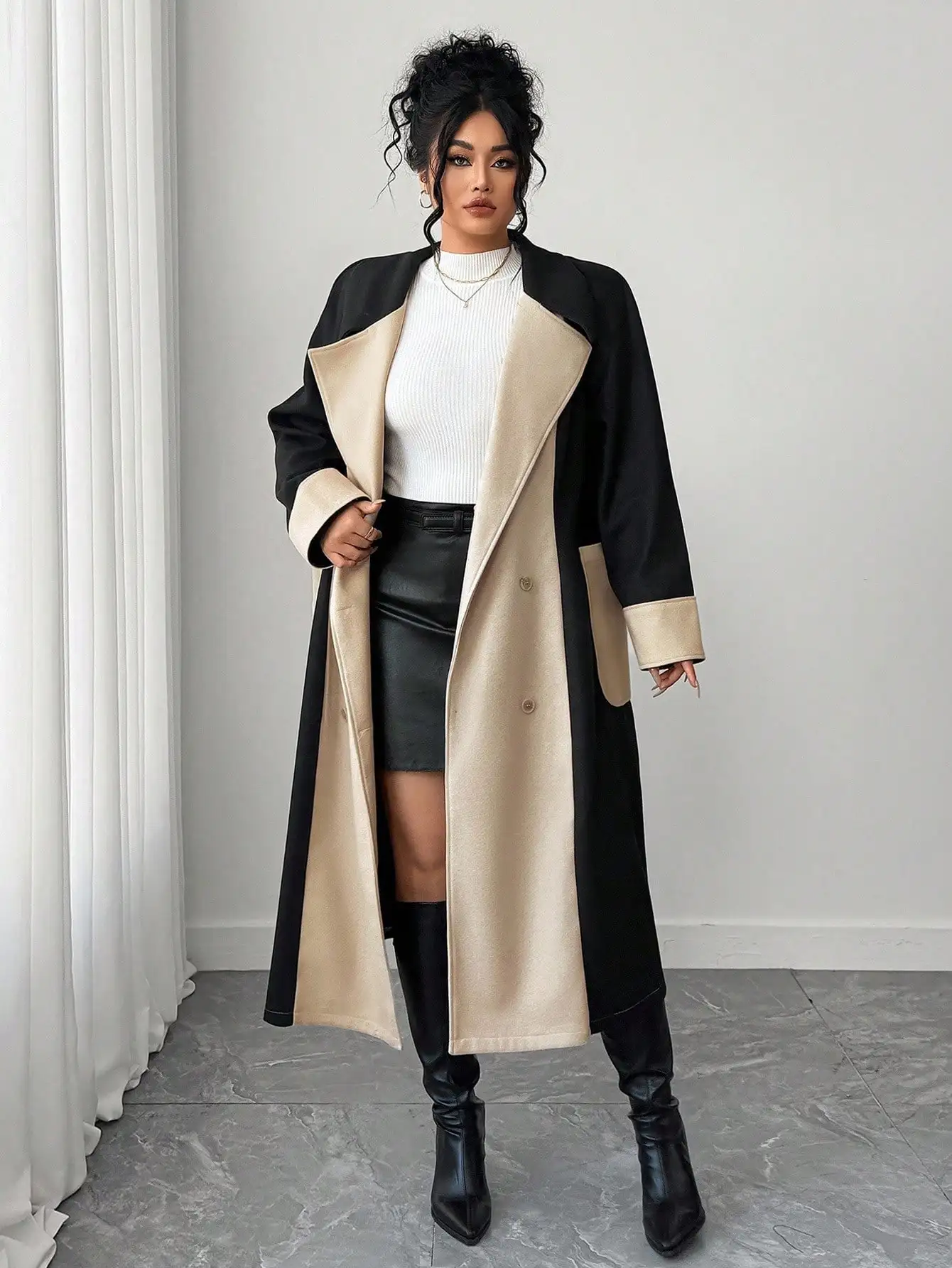 

Elenzga Plus Size Color Block Long Wool Coat for Women, Elegant Commuter Style with Lapel and Double Buttons