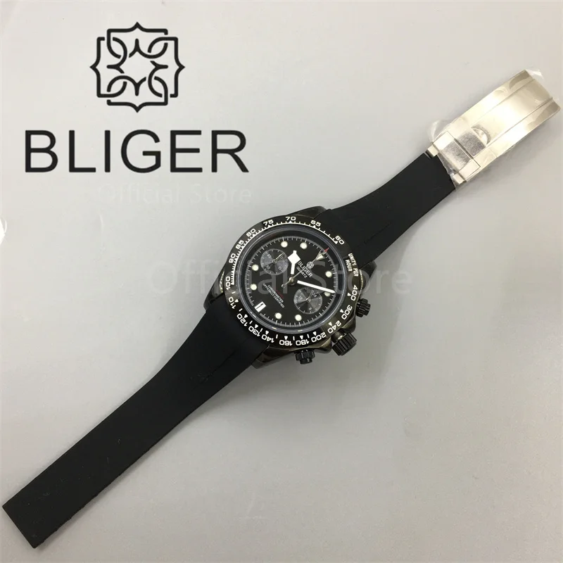 BLIGER 39mm VK64 Quartz Chronograph Watch For Men Black Pink Black Blue Dial 5 Hand 6 O\'clock Date Sapphire Crystal Rubber Strap