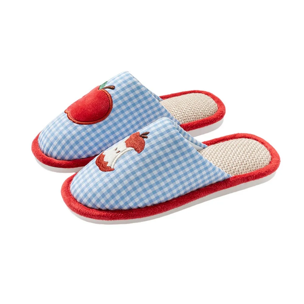 

Comfortable Strawberry House Linen Slippers Grid Stripe Flax Sweet Slippers Women Fruits Soft Sole Home Wear Shoes All Seasons