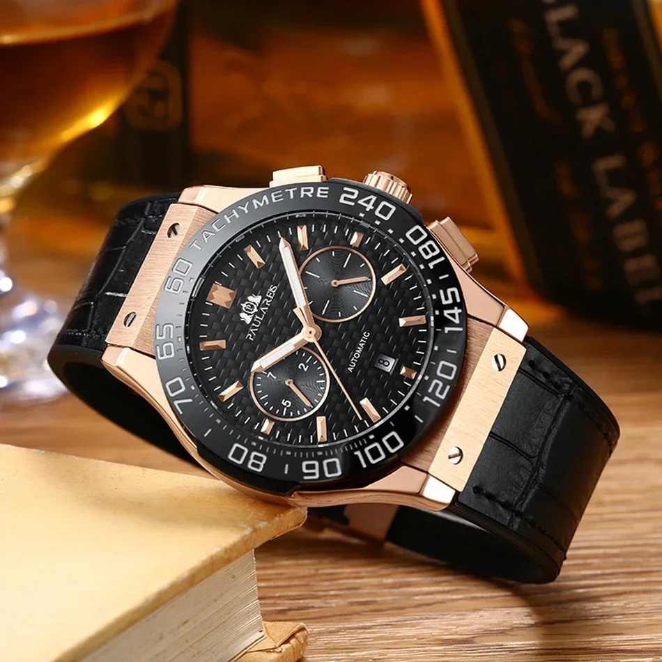 Automatic Watch for Men Ceramic Bezel Blue Luminous Mechanical Leather Rubber Rose Gold Titanium Carbon Fibre Style Luxury