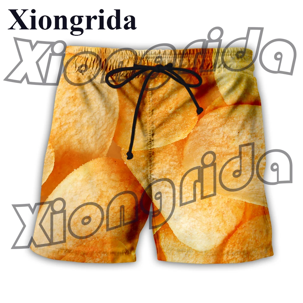 Shorts estampados com batatas fritas engraçadas, troncos 3D de cintura alta, moda masculina, calça curta casual com estampa de lanches, roupas unissex de praia do verão