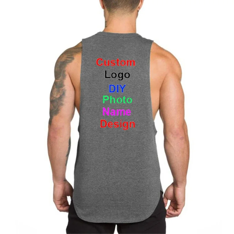 Brand Logo Custom DIY Summer Mens Cotton Gym Tank Top Bodybuilding Open Side Sleeveless Shirt O neck Fitness Clothing