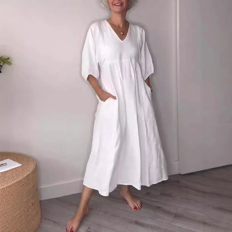 Womens Casual Solid Color Pleated Cotton Linen Dress Spring Simple V Neck Pocket Long Dress Autumn 3/4 Sleeve Loose Female Dress