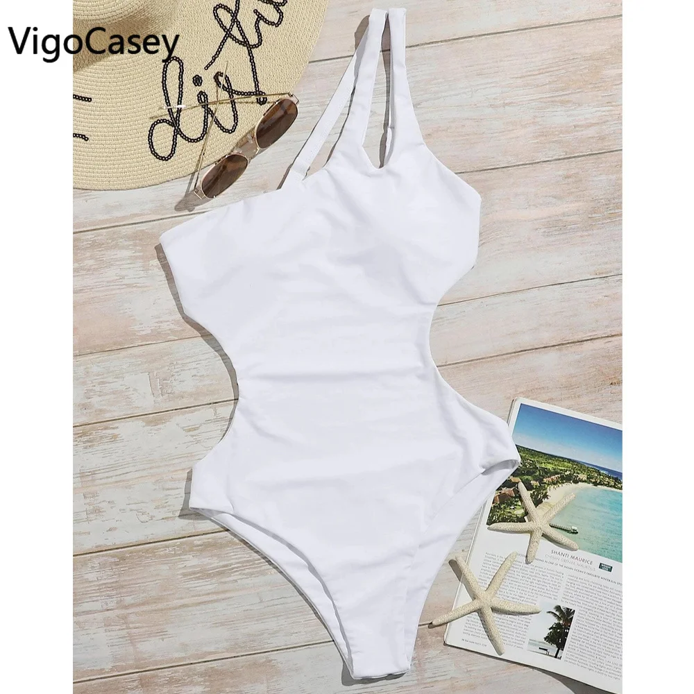 VigorCasey 2025 traje de baño sólido de un hombro para mujer, traje de baño Sexy de cintura alta hueco de una pieza, Monokini, traje de baño para