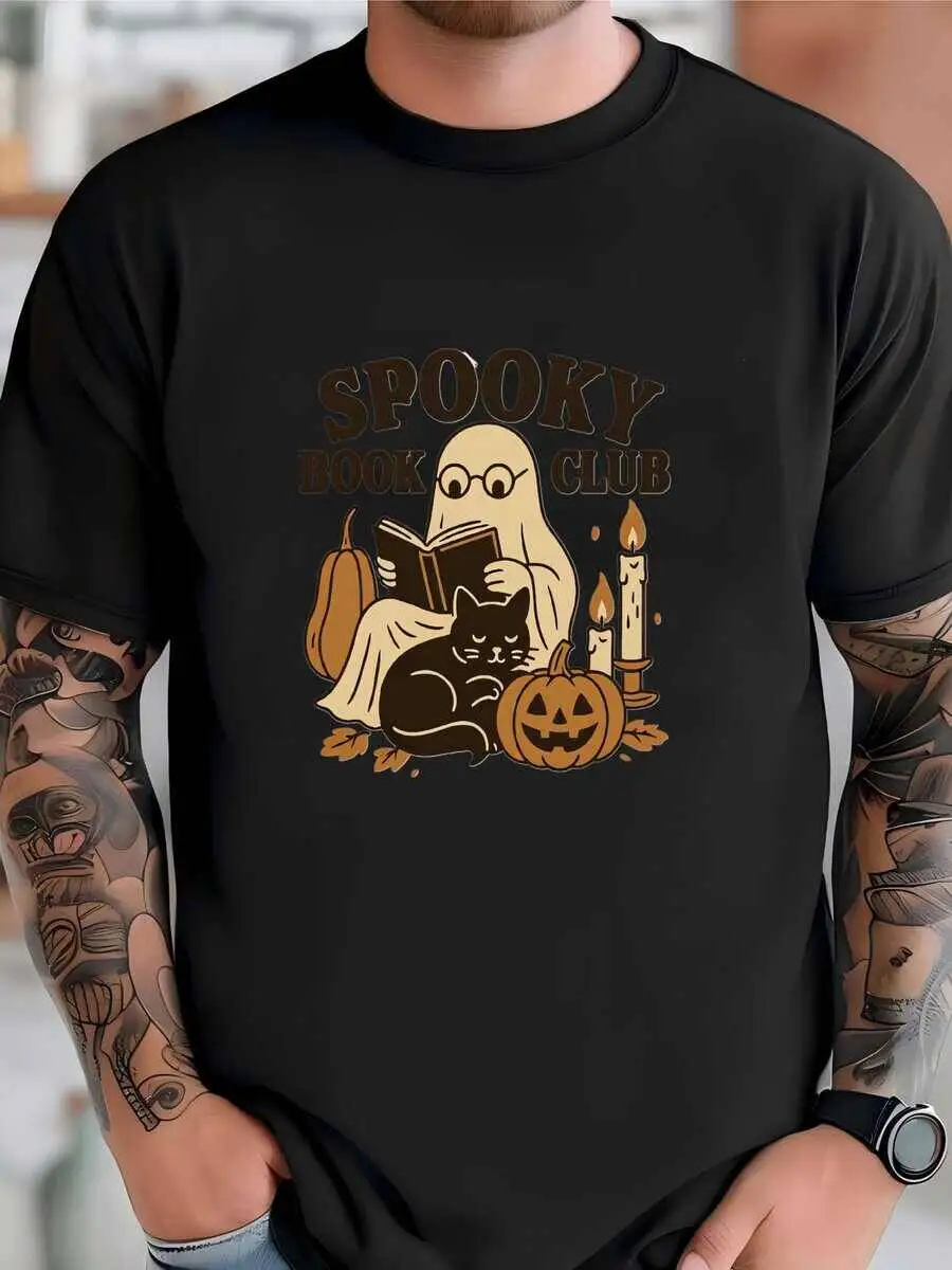 Mens Spooky Book Club Halloween Tee: Ghost Reading T-Shirt 100% Cotton Trendy Y2K Short-Sleeve Tee-Soft, Quick-Drying,