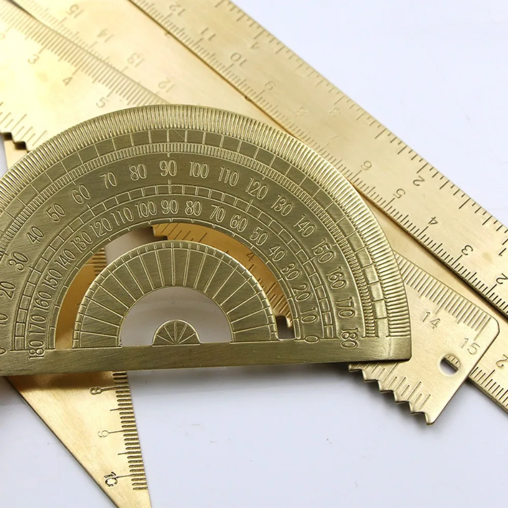 Vintage Brass Straight Ruler Measuring Tool Gold Bookmark Painting Drawing Tools Stationery Metal Triangle Ruler Protractor