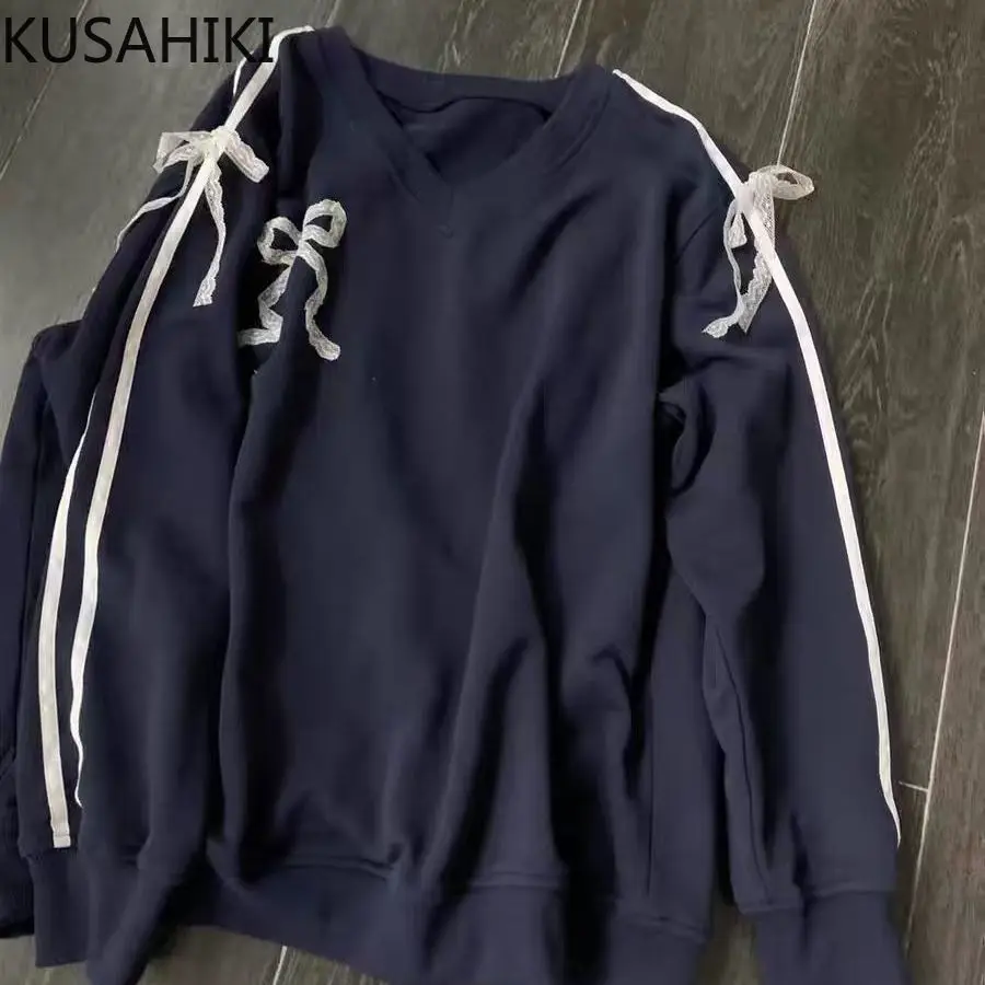 KUSAHIKI Lace Butterfly Sweet Spicy Style Spliced Bow Hoodie for Women Korean Pullover Sweatshirt Top 2024 Autumn New Jumper