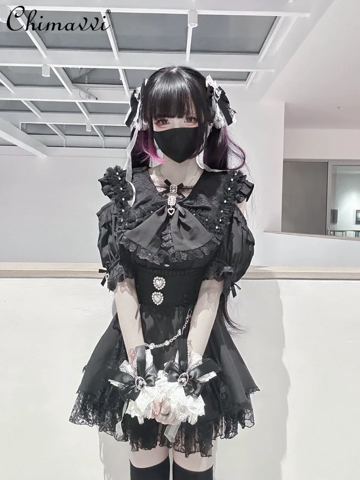 

Оригинальная японская милая кружевная мягкая рубашка с длинными короткими рукавами и заячьими ушками для девочек, серия Mine, милый черный топ в стиле Лолиты