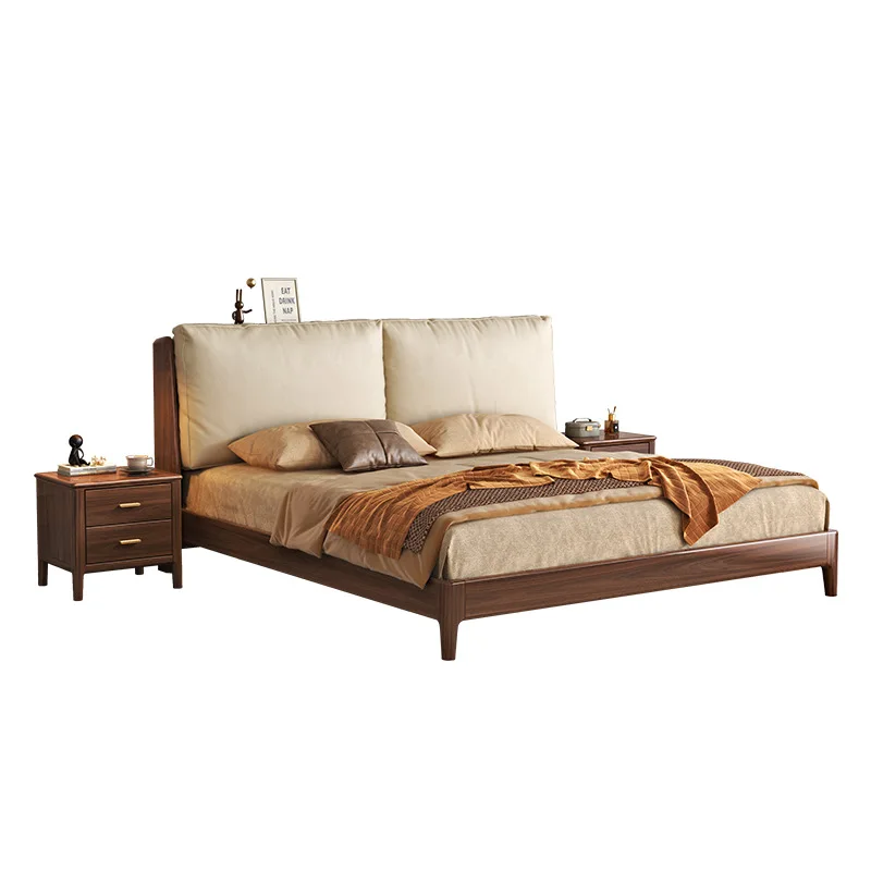 

Black walnut solid wood bed 1.8 meters double bed new Chinese modern simple master bedroom soft bag backrest large wedding bed