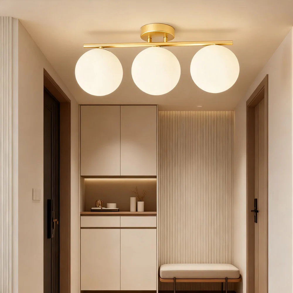 

Glass Ceiling Lamp 3-Head Warm Light Gold Finish For Living Room Entryway Bedroom Corridor Office Hotel Restaurant Interior Lamp