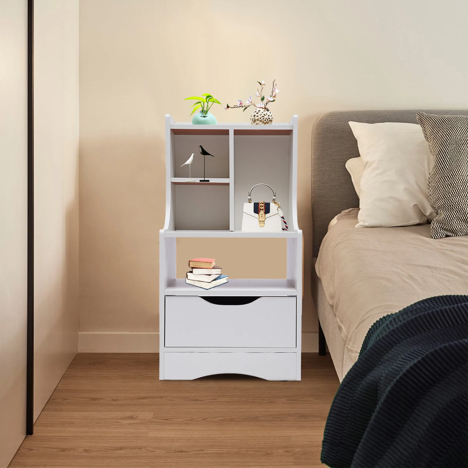 

End Table with Storage Basket Narrow Nightstand Frame Sofa Side Table for Small Space Living Room Bedroom Furniture