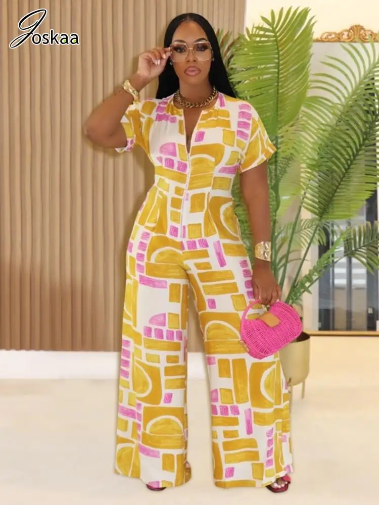 

Joskaa 2025 Women's Geometric Printed Zip V-Neck Short Sleeve Wide Leg Jumpsuits Vacation Beach Romper One Piece Y2K Streetwear
