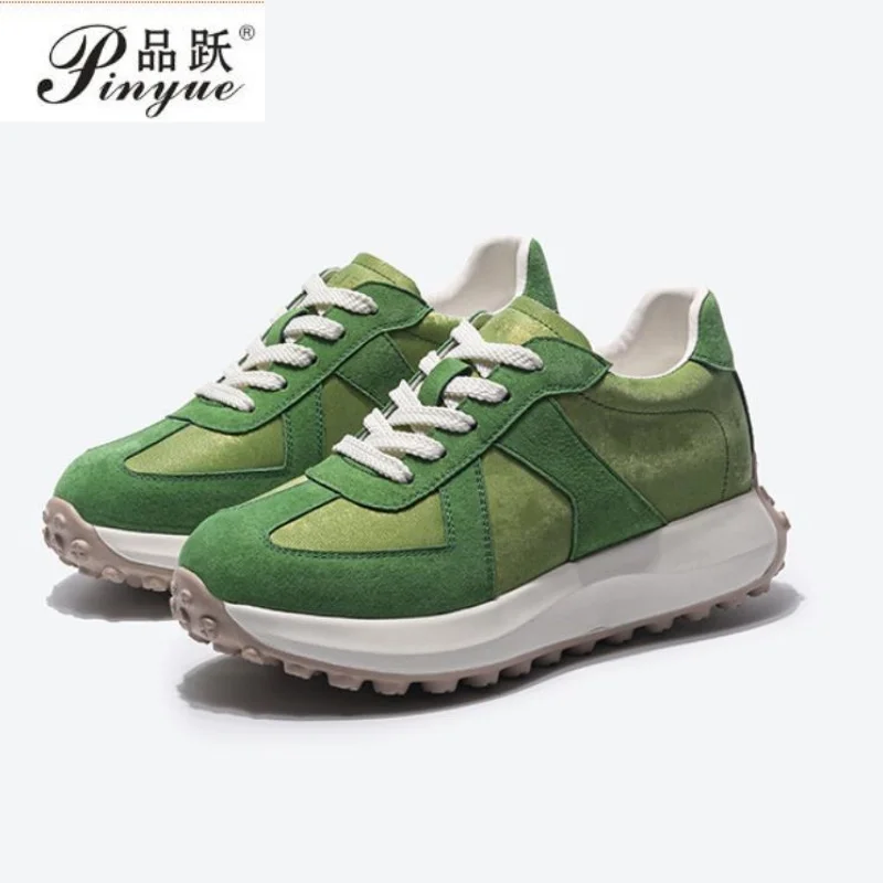 

6.5cm Women Suede Leather Patchwork Mixed Colors Lace-Up Round Toe Platform Shoes outdoor comfortable retro fashionable Sneakers