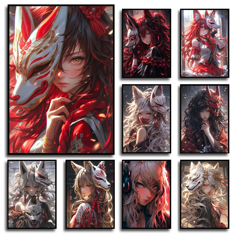 ملصقات ومطبوعات أنيمي يابانية حديثة ، قناع الثعلب ، فتاة لطيفة ، طباعة ، فن جداري ، صورة لغرفة المعيشة ، ديكور المنزل ، كاواي