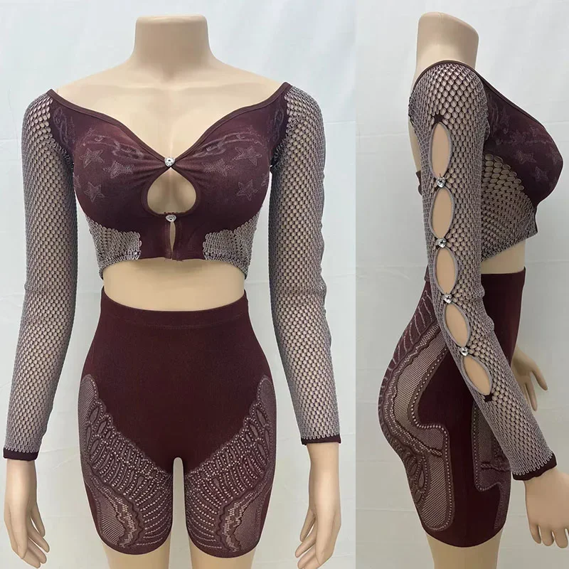 Sexy Mesh Patchwork Nightclub Outfits for Women 2 Piece Set Birthday Slash Neck Hollow Out Crop Top and Shorts Matching Sets