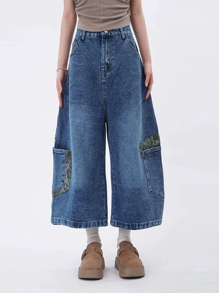 

Leopard Print Patchwork Denim Pants Women Y2K Vintage Streetwear Loose Calf Length Jeans Bf American Splicing Scimitar Shorts