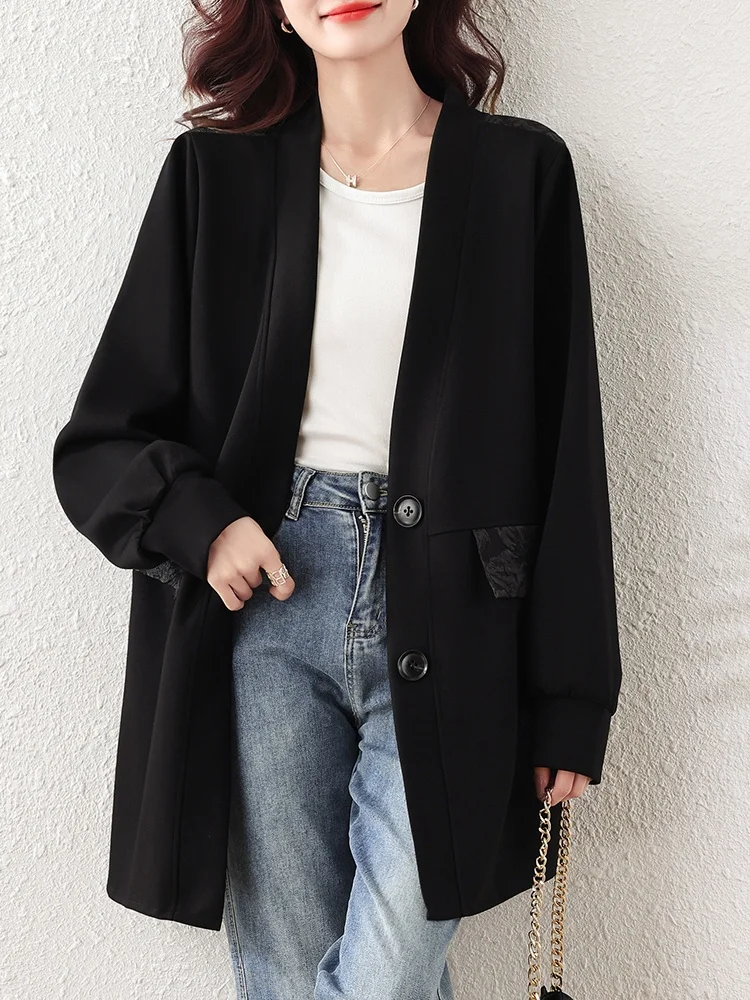 

plus Size Bla V-Ne Suit Jaet Women's Autumn Faion Casual Loose Windbreaker Belly Covering Long Coat Ladies Sle