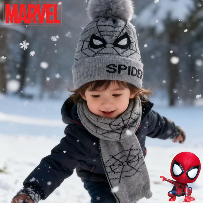 Lindo Marvel Spiderman nuevo patrón creativo de dibujos animados para hombres y mujeres invierno cálido suave bufanda y sombrero conjunto de dos piezas