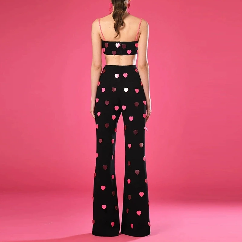 Spring And Summer New Fashionable Temperament Commuting Heart-Shaped Sequin Suspender Sleeveless Vest Pants Two-Piece Set