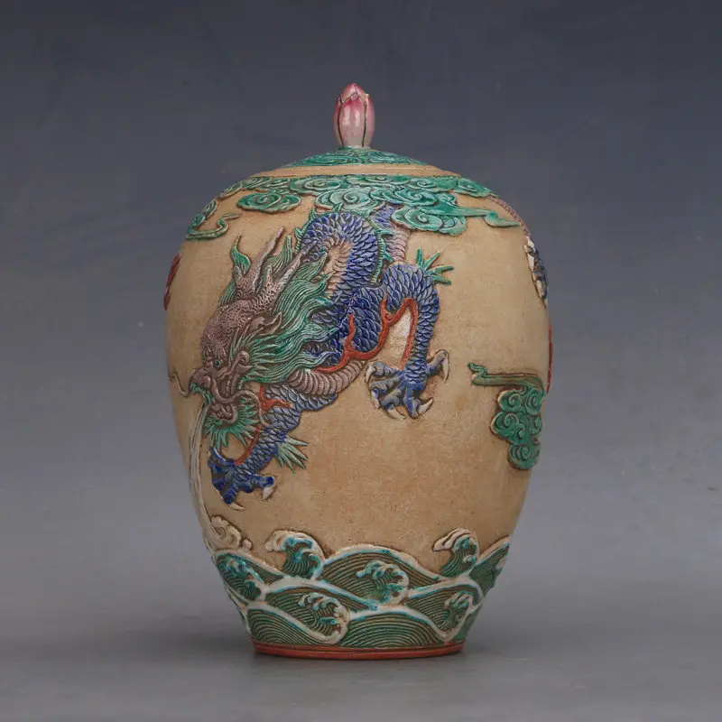 Chinese Antique Style Qianlong Mark Doucai Lotus Deep Carved Dragon Covered Jar Porcelain Home Decor Handmade Gift