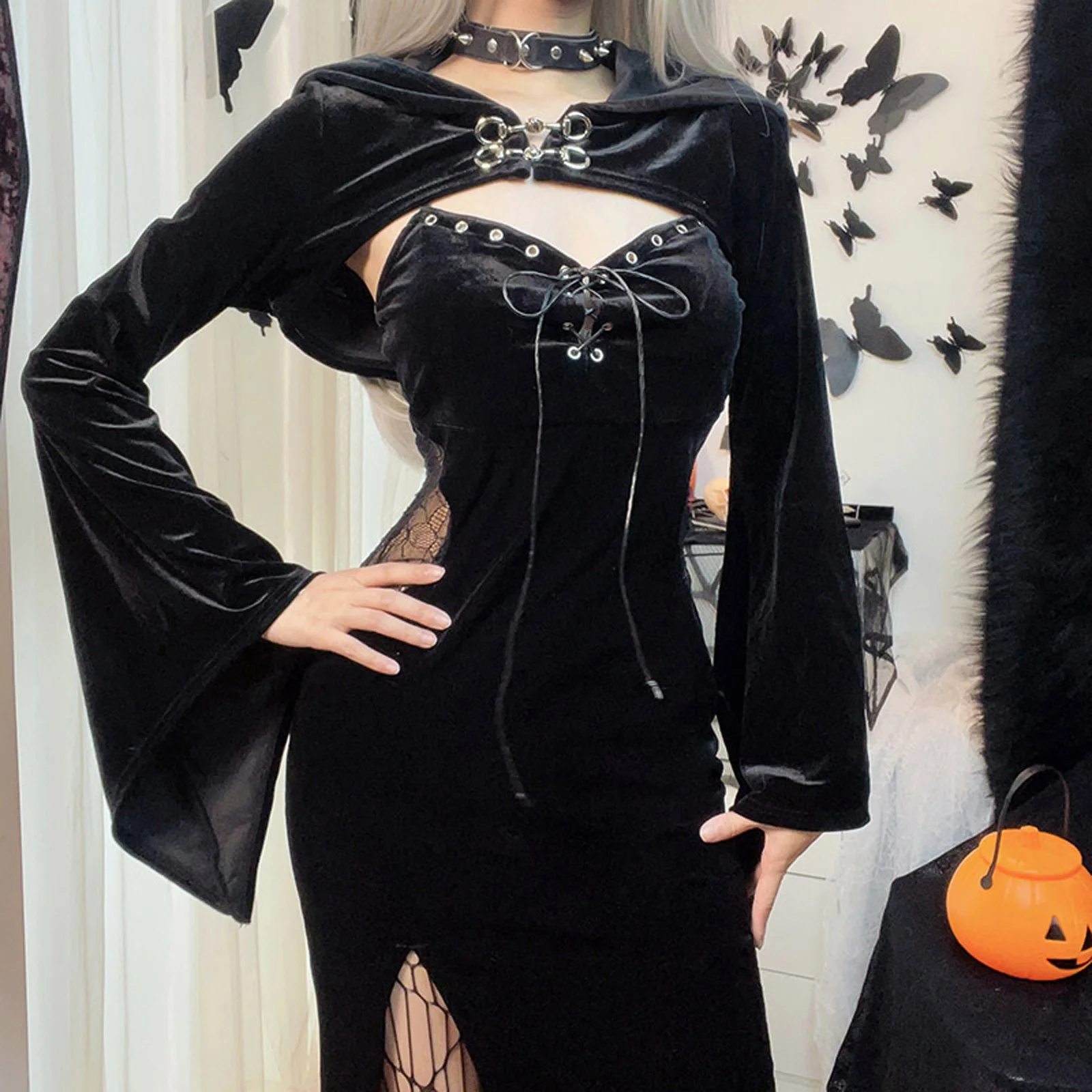 

Halloween Gothic Grunge Punk Dress Women Long Sleeve Lace High Waist Black Slim Y2K Harajuku Lolita Fairy Core Party Club Dress
