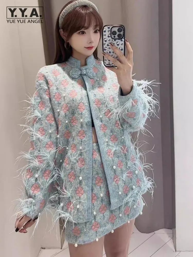

Autumn Winter Women Designer Vintage Pearl Tassel Plaid Knitted Cardigan High Waist A-Line Skirt Office Ladies Two Piece Set