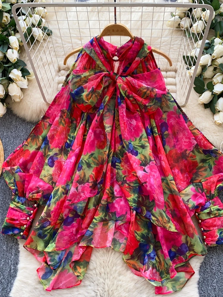 

French style high-end temperament bow shirt women's summer new unique chic elegant long sleeve irregular hemline loose top