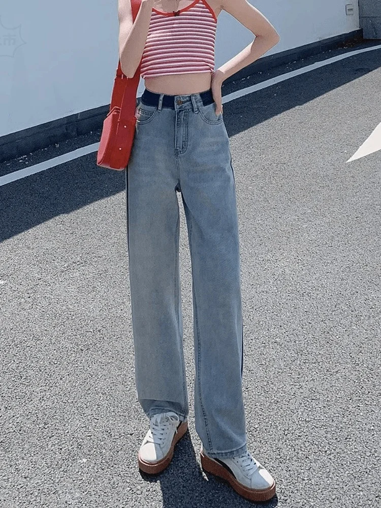 Luz azul cintura alta perna reta jeans feminino verão novo sle pêra ape plus size emagrecimento calças de perna larga