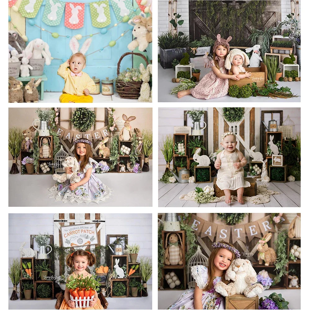 Easter Children Birthday Background Spring Photo Studio Bunny Decoration Door Decor Portrait Backdrop Carrot Flowers Vinyl Props