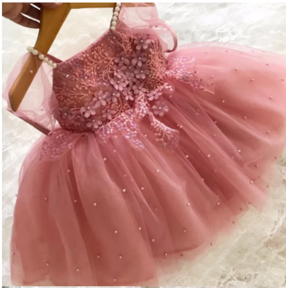 Princess Flower Girl Dress For Wedding Pink With Bow Pearls Puffy Tulle Applique Lace Kids Birthday First Communion Ball Gowns