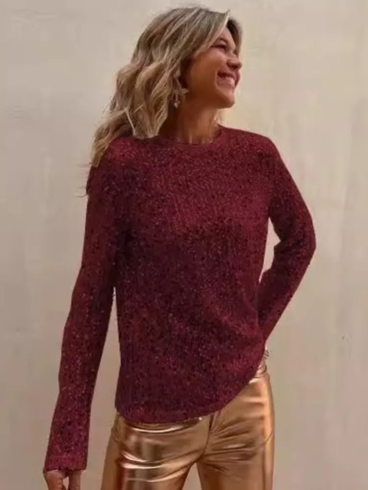 Weibliche Frühling Herbst Mode Oansatz Top Ausländischen Stil Glitter Lose Langen Ärmeln Solide Hemd Damen Temperament Büro Blusen