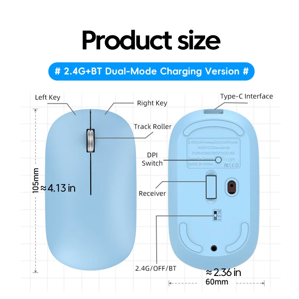 2.4G Wireless Mouse Type-C Rechargeable Bluetooth Mouse 1600DPI Silent Click Portable Office Game No-Noise Mice for PC Laptop