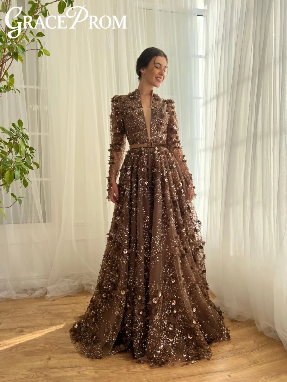 

Привлекательное коричневое вечернее платье с 3D цветочным принтом, блестящее платье трапециевидной формы с бисером для свадебной вечеринки, платья для выпускного вечера с v-образным вырезом и длинными рукавами по индивидуальному заказу