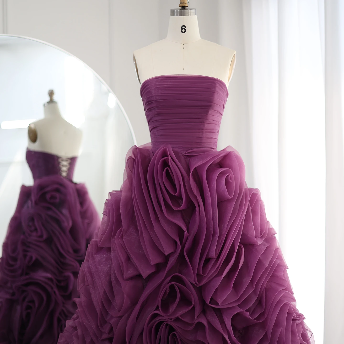 Sharon Said Luxuriöses 3D-Rosenblumen-Abendkleid in Lila für Hochzeitsfeier, Trägerloses Midi-Gala-Kleid in Rosa, Formelles Kleid SF451, Maßanfertigung – Detail 9