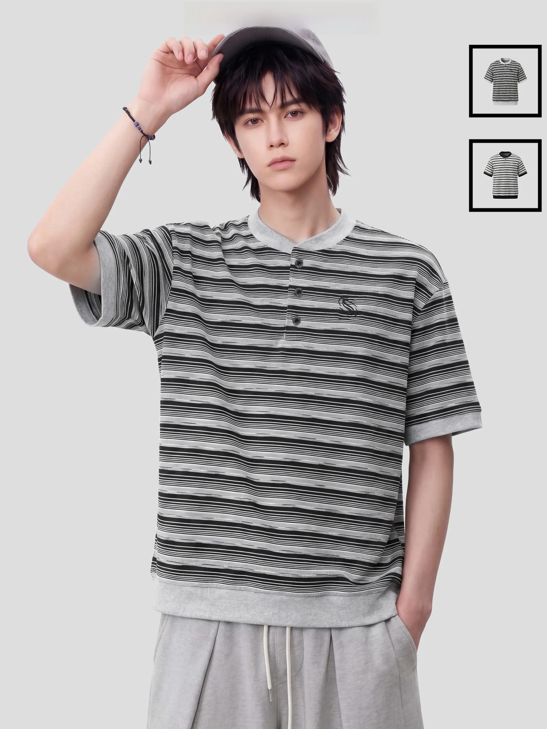INSstudios American Retro Striped Short Sleeve T-Shirt Loose Fit Summer New Style Henry Collar Top for Youth And Teens