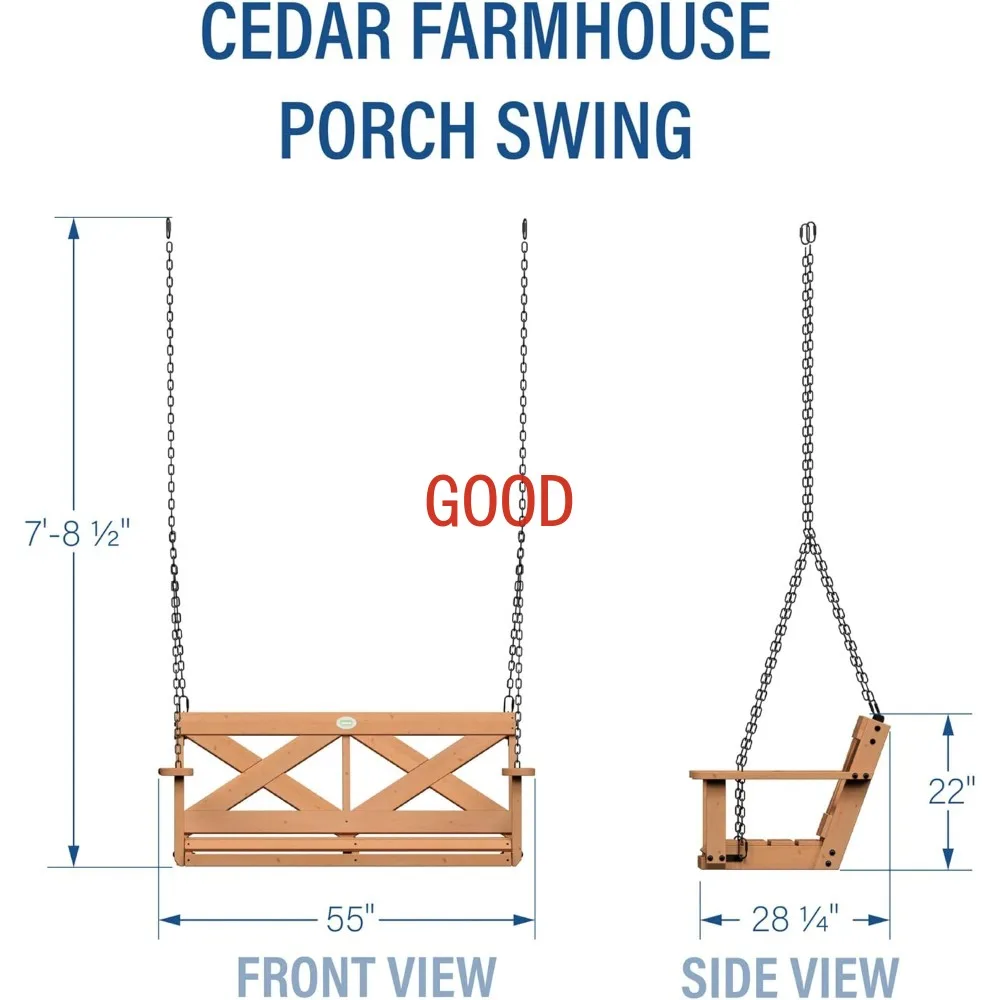 Farmhouse Outdoor Porch Swing With Chain Patio Two Person Seating Water Resistant 600 Lb Weight Capacity With 4.6 Ft.