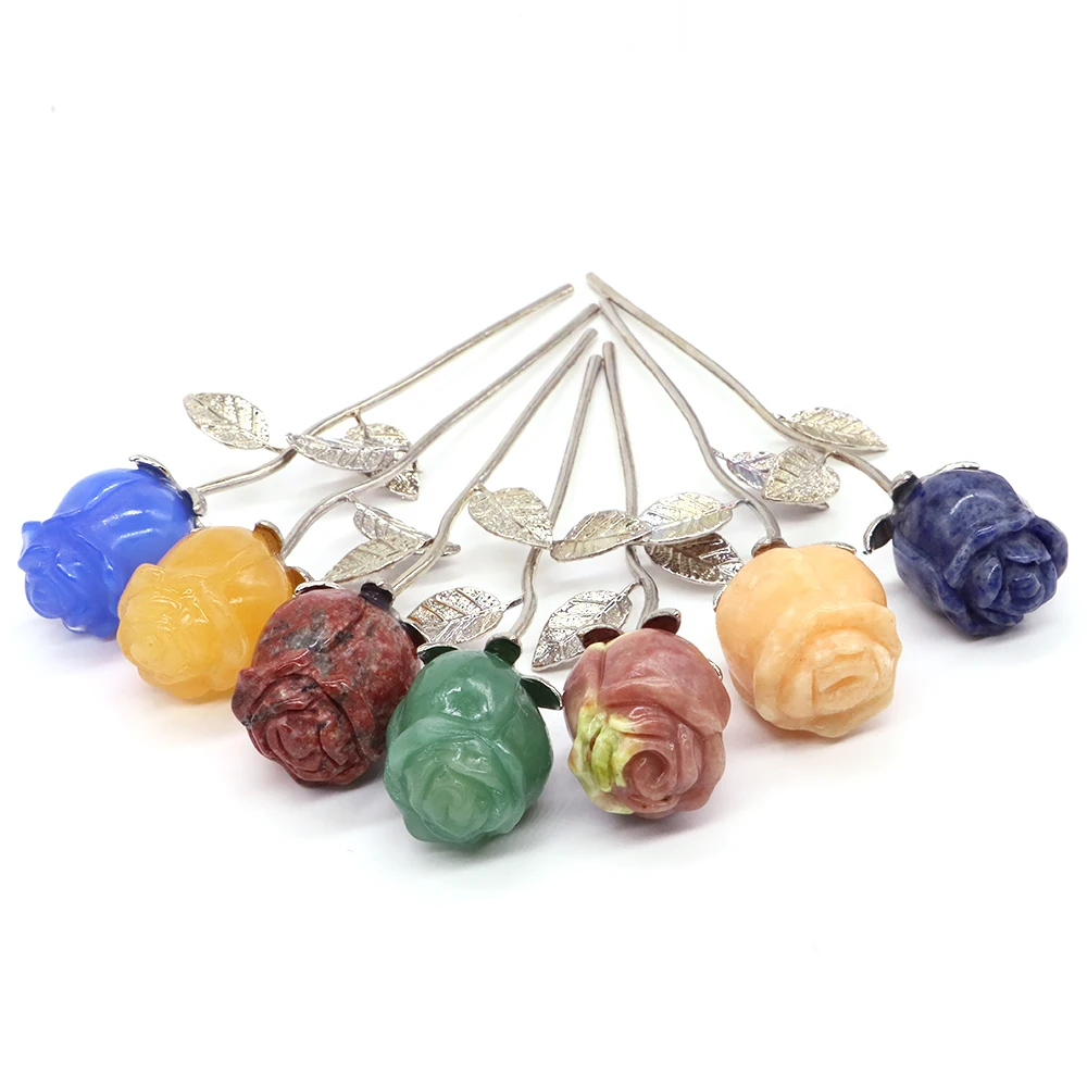 Natural Stone Rose Flowers Reiki Healing Crystal Carved Gemstone Crafts Party Home Decoration Valentines Day Wedding Guest Gifts