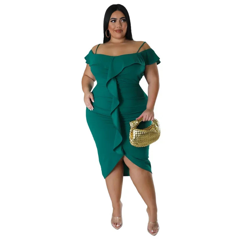 WSFEC L-4XL vestidos para mujer 2024 nueva primavera verano ropa de talla grande Halter volantes ceñido al cuerpo vestido negro de talla grande para mujer