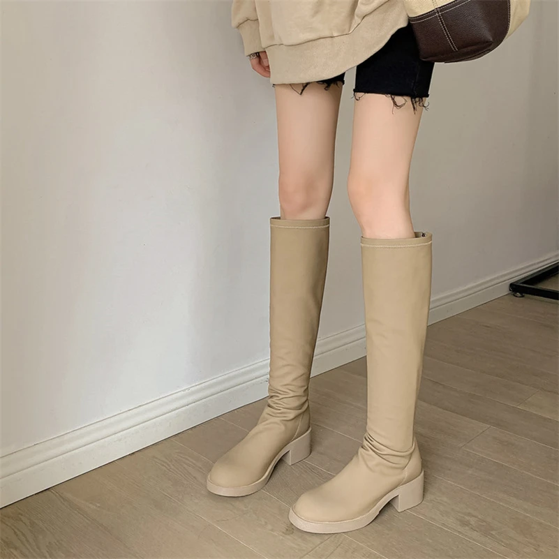 Meotina Women Genuine Leather Knee High Riding Boots Round Toe Block Mid Heel Zipper Lady Pleated Long Boot Autumn Winter Shoes